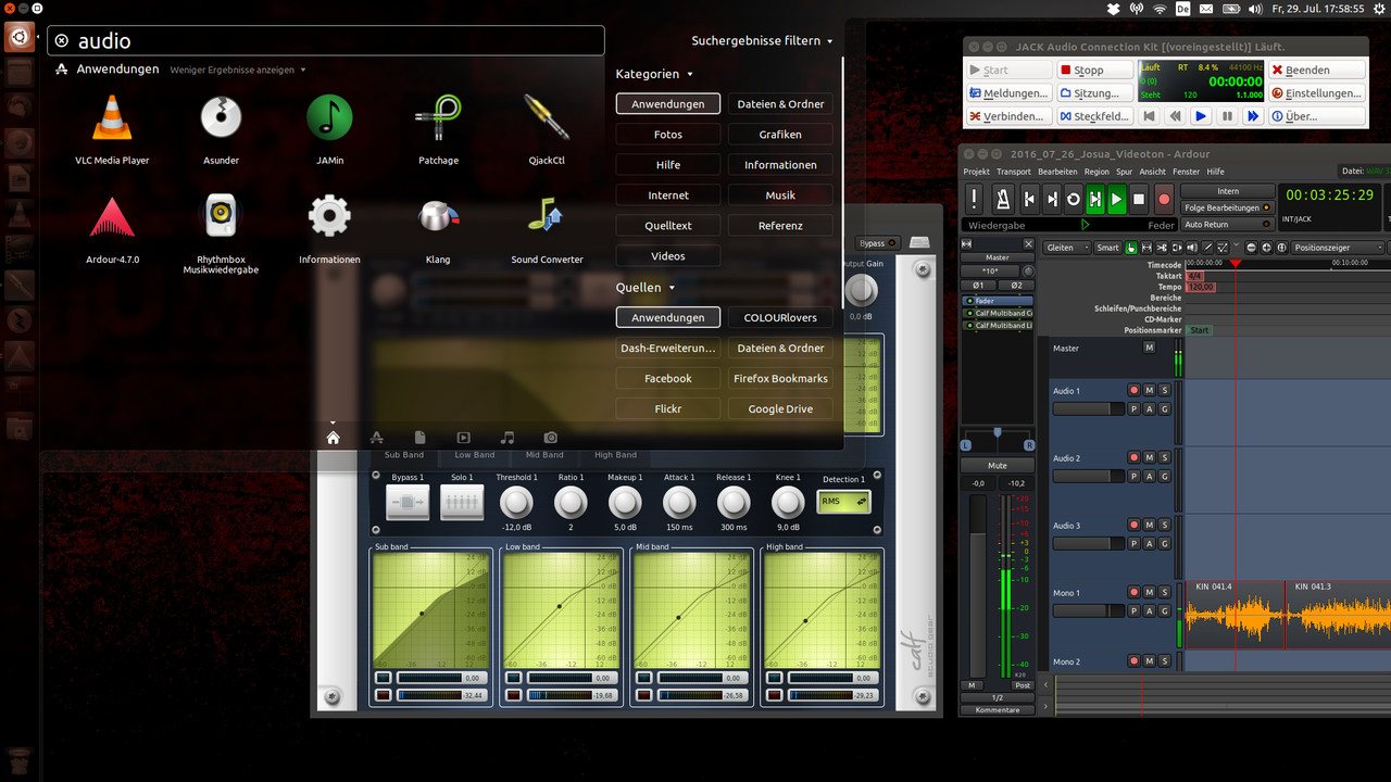 Ein Ubuntu Dash welches verscheidenen Symbole von Audioprogrammenzeigt. Darunter und daneben die Programmoberflächen von einem Kompressor, QJackControl und Ardour