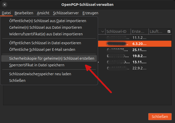 Bildschirmfoto 6: Schlüssel exportieren