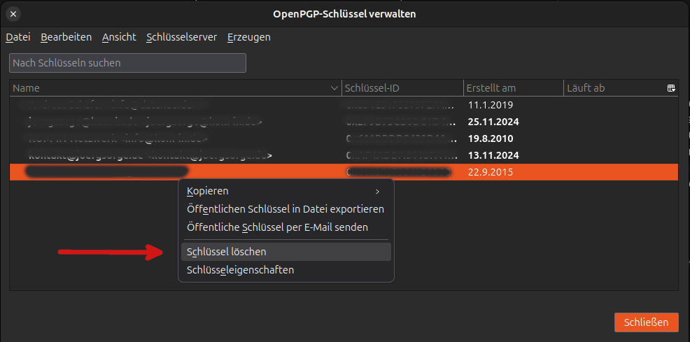 Bildschirmfoto Schlüsselverwaltung